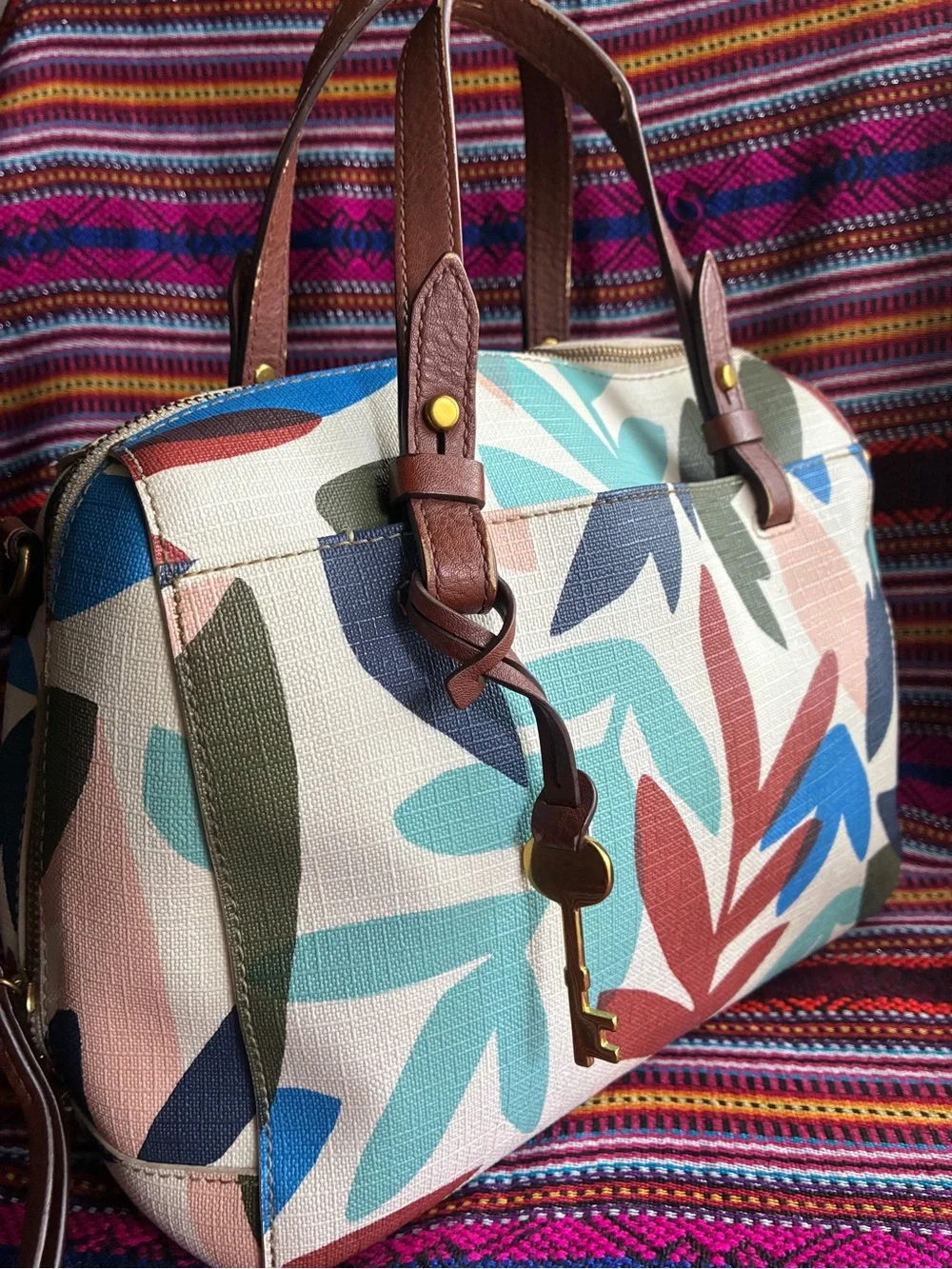 Fossil Multicolor Leaf-Print Satchel with Brown Trim